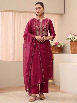 Libas - Maroon Floral Zari Embroidered Straight Kurta With Pant & Dupatta