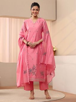 Libas - Pink Floral Embroidered Straight Kurta With Pant & Dupatta