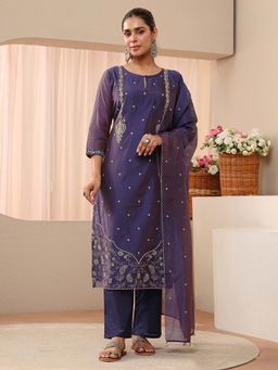 Libas - Purple Floral Zari Embroidered Straight Kurta With Pant & Dupatta