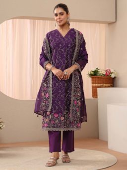 Libas - Purple Floral Embroidered Straight Kurta With Pant & Dupatta