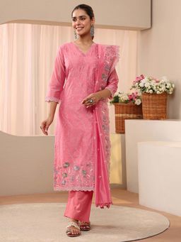 Libas - Pink Floral Embroidered Straight Kurta With Pant & Dupatta