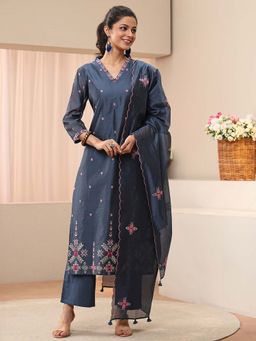 Libas - Navy Blue Geometric Embroidered Straight Kurta With Pant & Dupatta