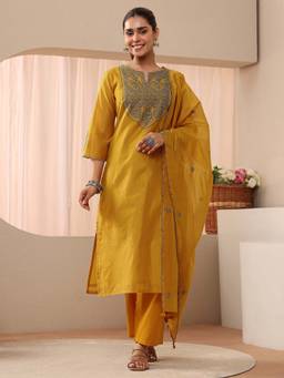 Libas - Mustard Floral Embroidered Straight Kurta With Pant & Dupatta