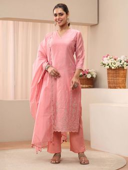 Libas - Pink Ethnic Motif Embroidered Straight Kurta With Pant & Dupatta