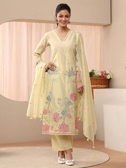 Libas - Yellow Floral Embroidered Straight Kurta With Pant & Dupatta