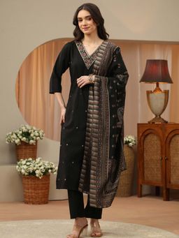 Libas - Black Floral Zari Embroidered Straight Kurta With Pant & Dupatta