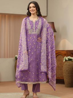 Libas - Purple Bandhani Printed Anarkali Kurta With Pant & Dupatta (3XL)