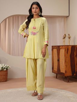 Libas - Yellow Floral Embroidered Short A-line Kurti With Palazzo
