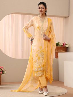 Libas - Yellow Floral Embroidered Schiffli Kurta With Pant & Dupatta