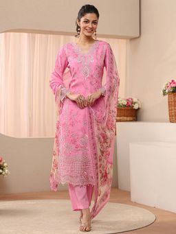 Libas - Pink Floral Embroidered Schiffli Kurta With Pant & Dupatta