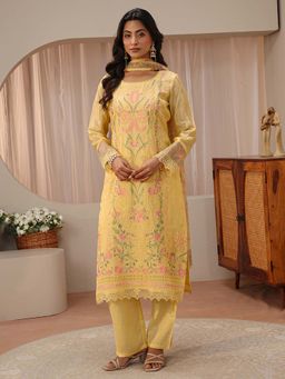 Libas Art - Mustard Floral Embroidered Schiffli Kurta With Pant & Dupatta
