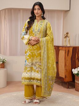 Libas - Mustard Floral Embroidered Straight Kurta With Pant & Dupatta
