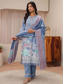 Libas - Blue Floral Embroidered Straight Kurta With Pant & Dupatta