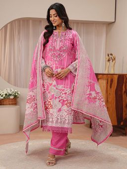 Libas - Pink Floral Embroidered Straight Kurta With Pant & Dupatta