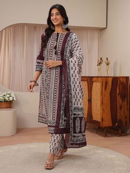 Libas - Maroon Ajrakh Printed Straight Kurta With Pant & Dupatta