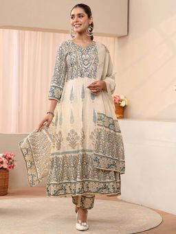 Libas - Cream Floral Printed Anarkali Kurta With Pant & Dupatta