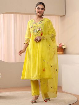 Libas - Yellow Floral Yoke Design A-line Kurta With Pant & Dupatta