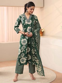 Gerua By Libas - Green Floral Printed Straight Kurta With Pant & Dupatta