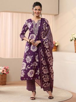 Gerua By Libas - Burgundy Floral Printed Straight Kurta With Pant & Dupatta