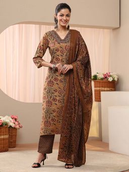 Gerua By Libas - Brown Floral Printed Straight Kurta With Pant & Dupatta