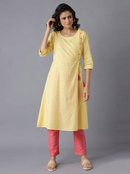 Aurelia - Yellow Printed A-Line Kurta-Pink Trousers (Set of 2)