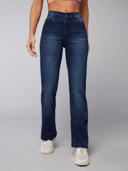 DOLCE CRUDO - Navy Blue Wide Leg Mid Rise Regular Stretchable Denim Jeans