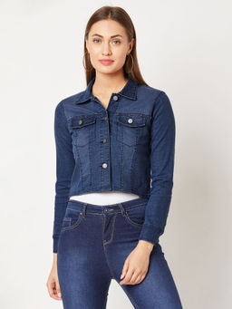 Miss Chase - Women's Navy Blue Full Sleeves Buttoned Denim Embellished Cropped Jacket