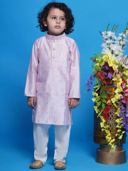 Little Bansi - Boys Silk Boota Work Kurta with Pyjama -Baby Pink (Set of 2)