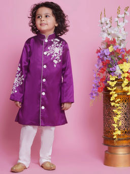 Little Bansi - Boys Sherwani & Pyjama with Embroidery Work - Purple Jam (Set of 2)