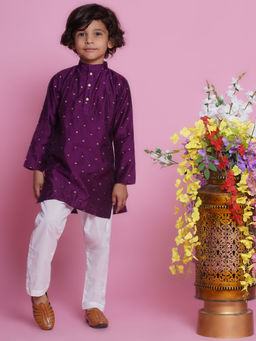 Little Bansi - Boys Silk Boota Work Kurta with Pyjama -Royal Purple (Set of 2)