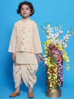 Little Bansi - Boys Ambi Embroidery Nehru Jacket with Kurta & Dhoti - Cream (Set of 3)