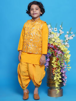 Little Bansi - Boys Kurta with Nehru Jacket & Dhoti -Haldi Yellow (Set of 3)