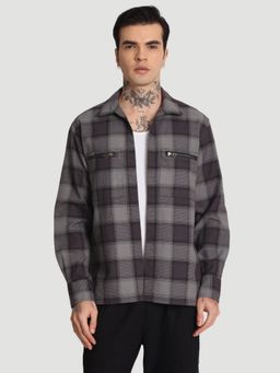 Bene Kleed - Relaxed Fit Checked Textured Spread Collar Grey Shirt