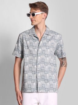 Bene Kleed - Relax Fit Printed Textured Resort Collar Casual Half Sleeve Grey Shirt