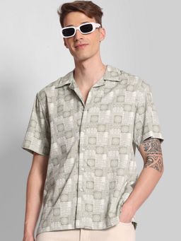Bene Kleed - Relax Fit Printed Textured Resort Collar Casual Half Sleeve Green Shirt