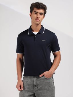 Calvin Klein - Navy Blue Solid Regular Fit Cotton Polo T-Shirt