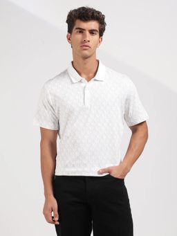 Calvin Klein - White Self Design Relaxed Fit Cotton Polo T-Shirt