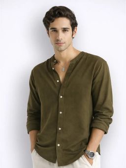 Cove and Lane - Mandarin Air Linen Olive Regular Fit Shirt