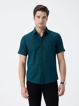 Crocodile - Pure Cotton Textured Shirt In Teal