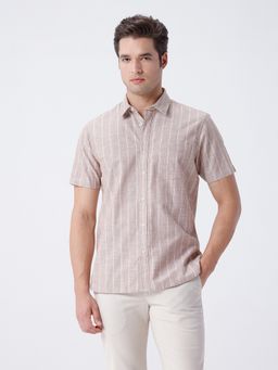 Crocodile - Melange Herringbone Stripe Shirt In Light Brown