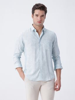Crocodile - Leaf Print Linen Shirt In Blue