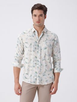 Crocodile - Abstract Leaf Print Linen Shirt In Light Green