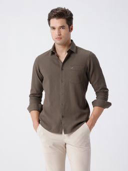 Crocodile - 3D Textured Pure Cotton Shirt In Olive