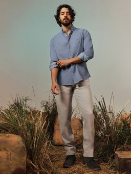 Andamen - Blue Cotton Tencel Corduroy Slim Fit Shirt