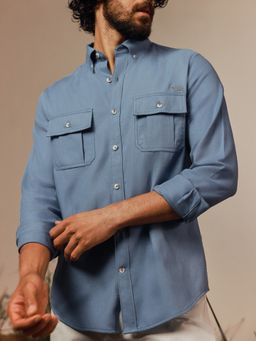 Andamen - Pure Cotton Balsa Twill Slim Fit Blue Shirt