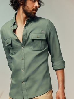 Andamen - Pure Cotton Balsa Twill Slim Fit Green Shirt