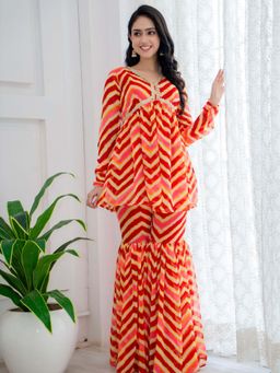 HOUSE OF JAMOTI - Red Leheriya Kurti and Sharara (Set of 2)