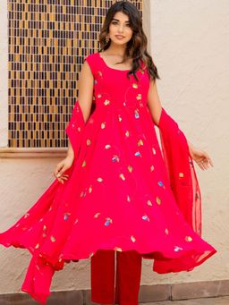 HOUSE OF JAMOTI - Rani Pink Hand painted Kurta and Pant with Dupatta (Set of 3)