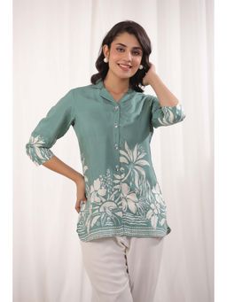 KAFTANIZE - Sage Green Russian Silk Floral Printed Shirt