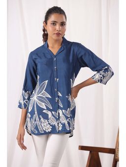 KAFTANIZE - Royal Blue Bold Floral Printed Russian Silk Shirt